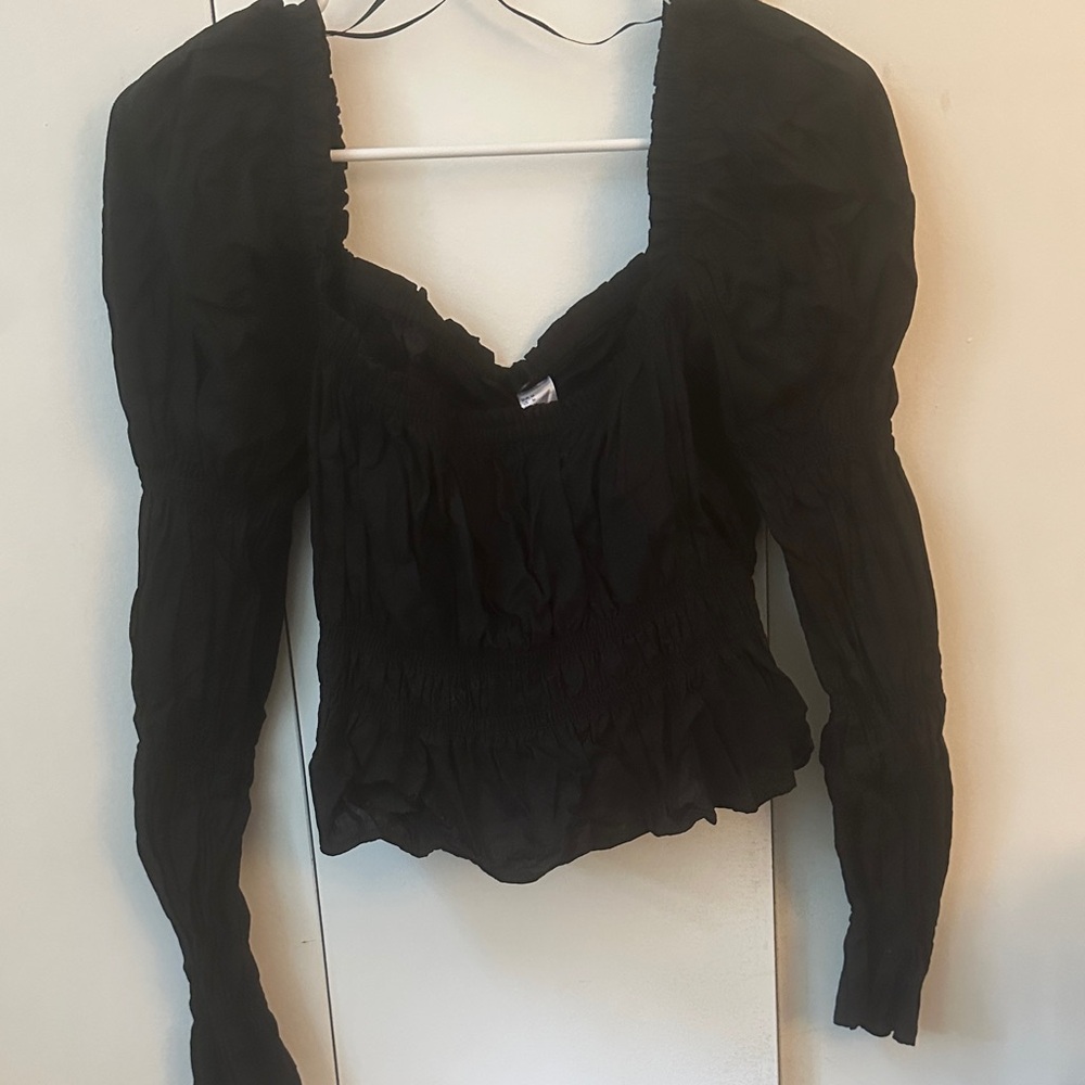 H&M Black Smocked Peasant Top with Puff Sleeves